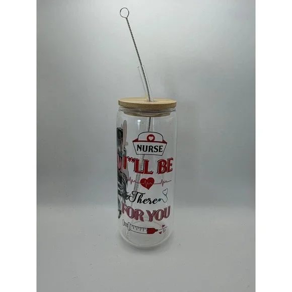 NURSE Glass Tumbler Cup Bamboo Lid Glass‎ Straw & Straw Cleaner