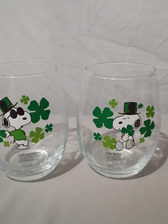 Peanuts Set Of 2 Stemless Wine Glasses. St Patrick's Day/Irish Theme