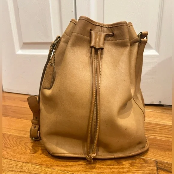 Coach Leather Drawstring Bucket Backpack in Tan