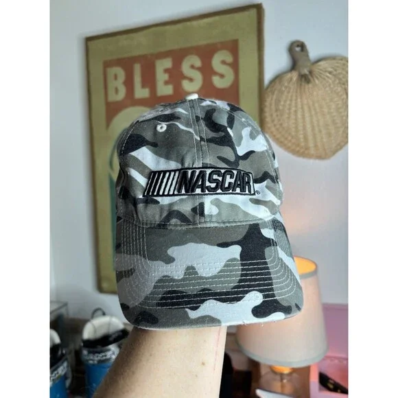 Nascar Camouflage Hat Strap Back White Gray Snow Camo Baseball Cap