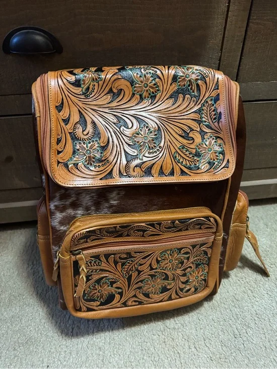 Tooled Leather Floral Backpack With Brown Cowhide