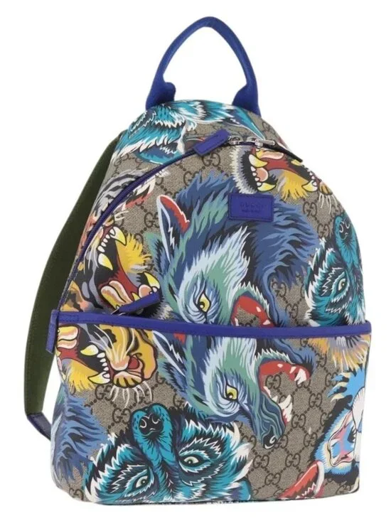 GUCCI GG Supreme Animal Print Backpack PVC Beige Silver 271327 Auth 167427SM