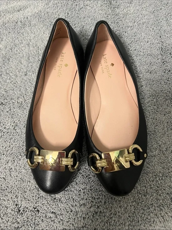 kate spade Black Leather Flats with Gold Horsebit Accent