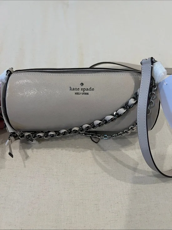 Kate Spade Light Gray Pebbled Leather Chain-Trim Crossbody