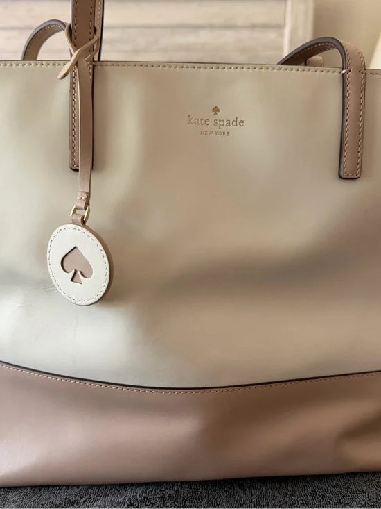 kate spade Cream and Tan Two-Tone Leather Tote with Spade Charm