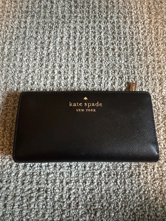 kate spade Black Saffiano Zip Wallet with Gold Logo