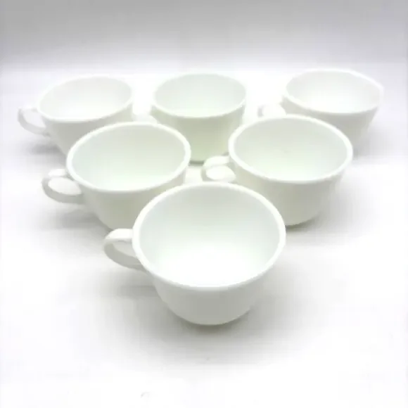 Lot of 6 1960s MCM Pyrex Corning Opal White Milk Glass C-Handle Teacups Mugs