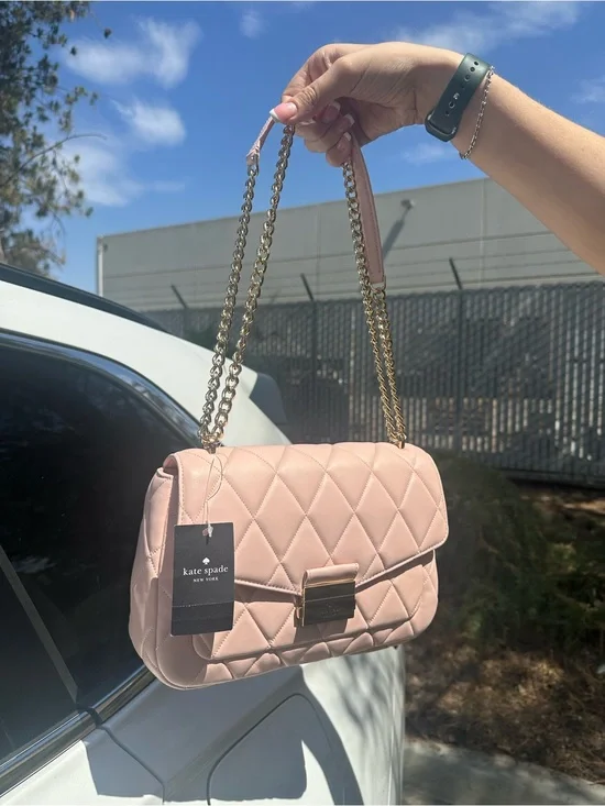 kate spade Quilted Leather Shoulder Bag in Light Pink with Gold Chain