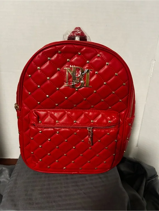 Badgley Mischka Quilted Red Mini Backpack with Gold Hardware