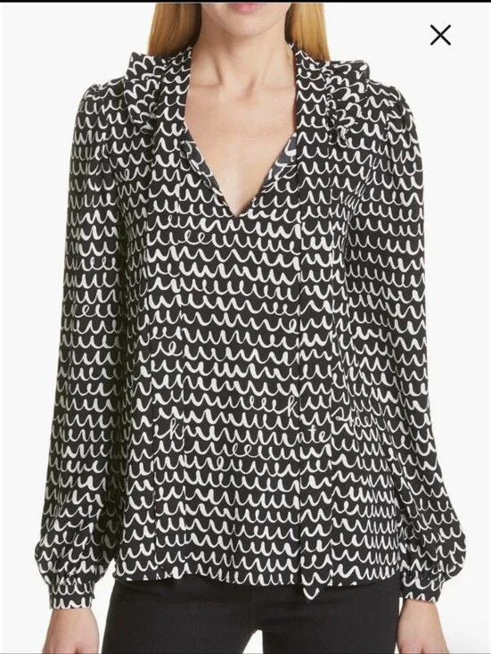 Kate Spade Tie Neck Long Sleeve Doodle Scribble Wave Squiggly Squiggle Lines Top