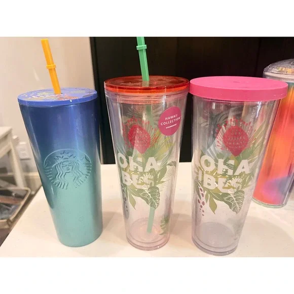 Starbucks Aloha Hawaii Tumbler Bundle 3 Pc Blue Ombre Stainless + 2 Cold Cups