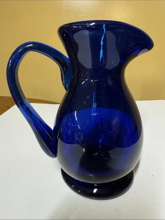 Hand Blown Glass Pitcher Cobalt Blue with Handle  6.5