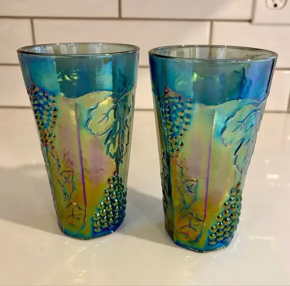 Pair of Vintage Indiana Carnival Glass Irridescent Tumblers with Grape Motif