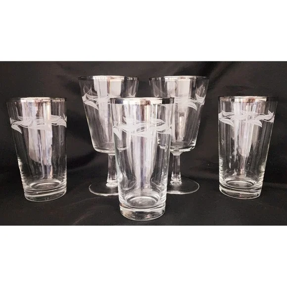 Vtg Platinum Rimmed Laurel Willow Etched Crystal France Glasses 2 Stem 3 Without