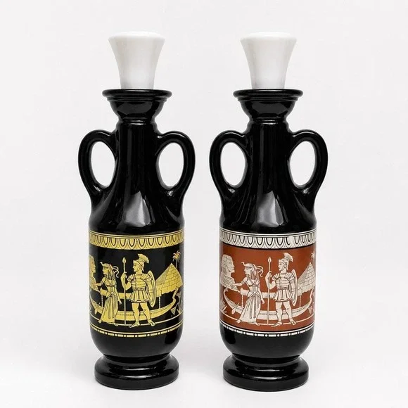 Vintage 1962 Cleopatra Egyptian Decanter Pair D-334 Black Glass