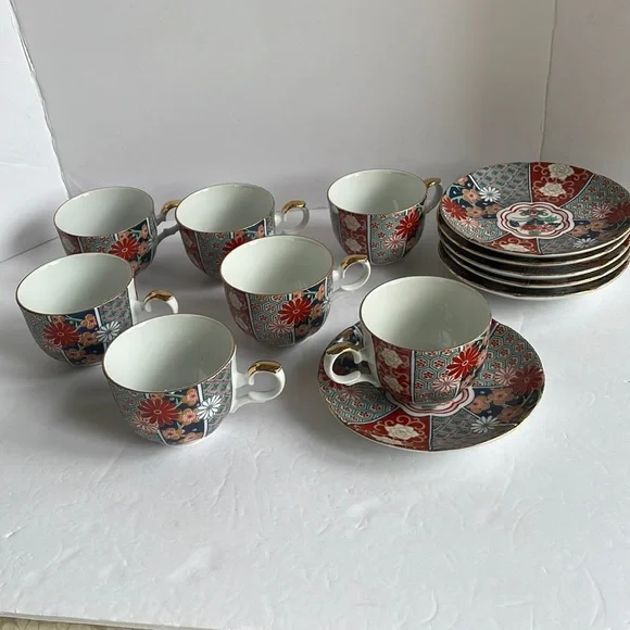 Arita Imari Fan 7 cups six saucers vintage