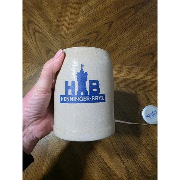 Henninger Brau German Beer Stein 0.5L Vintage HHB Castle Logo Salt Glaze Mug