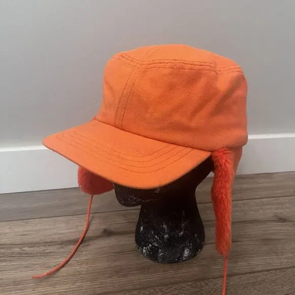 Vintage Whitewater Outdoors Orange Hunting Hat Trapper Cap Ear Flaps USA Made
