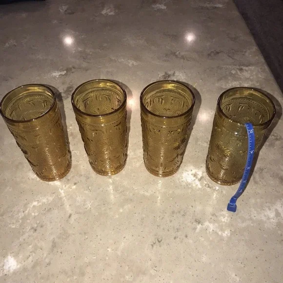 4 Vintage Amber Glasses Indiana Glass Tiara Starburst Textured 5 1/4