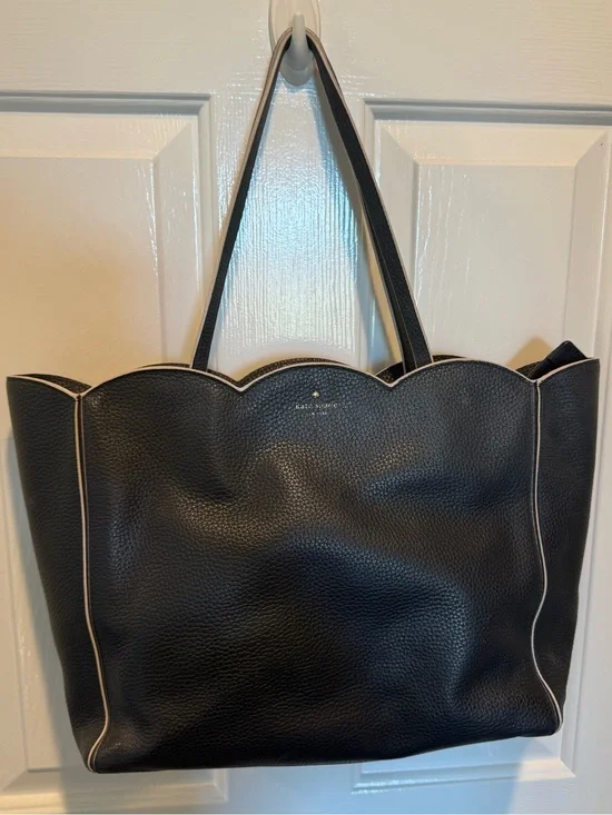 kate spade Dark Navy Pebble Leather Scallop-Top Tote with Cream Trim