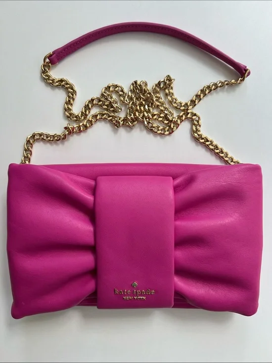 kate spade Hot Pink Leather Bow Clutch with Gold Chain • 8x5 inch