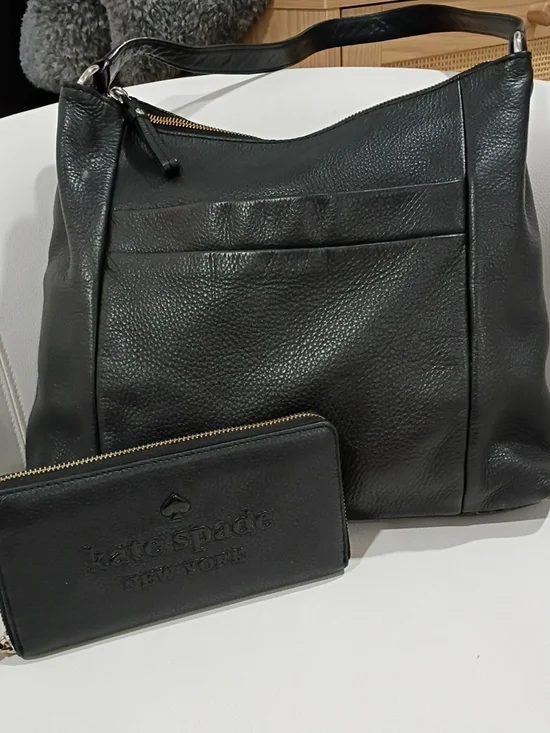 Kate Spade Black Soft Pebbled Leather Shoulder Bag with Matching Wallet