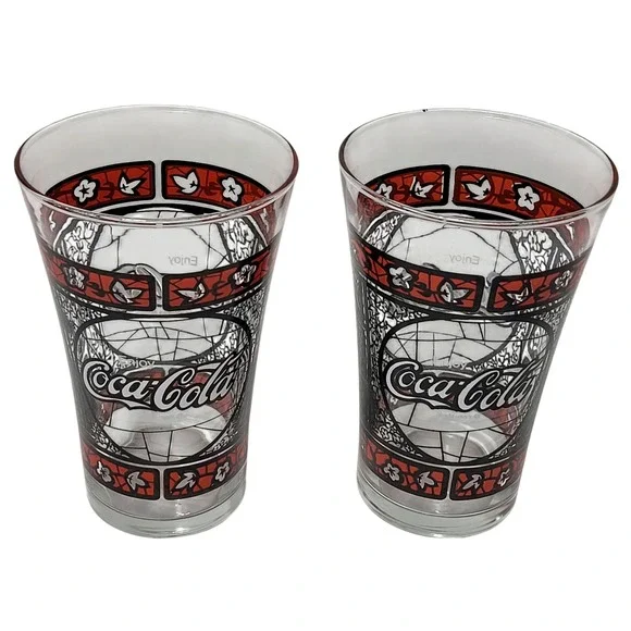 Vintage Coca-Cola Stained Glass Tiffany Style Drinking Glasses Set of 2 Red 5.5
