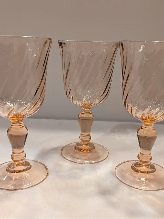 Water Goblets Set of 3 Rosaline Pink Swirl Arcoroc France 6.25″ Vintage 1970s