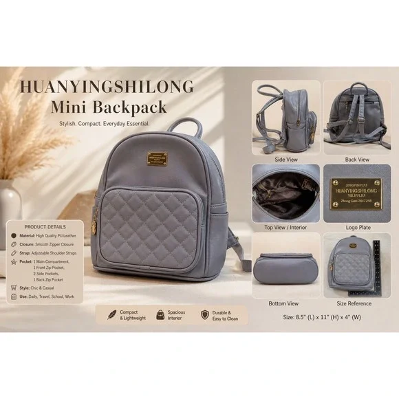 Jingpin‎ Huanyingshiyong Grey Quilted Mini Backpack Faux Leather Gold Hardware