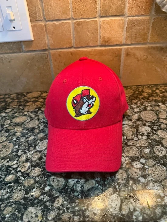 Red men’s BUCKEE’s Baseball Cap with Embroidered Mascot
