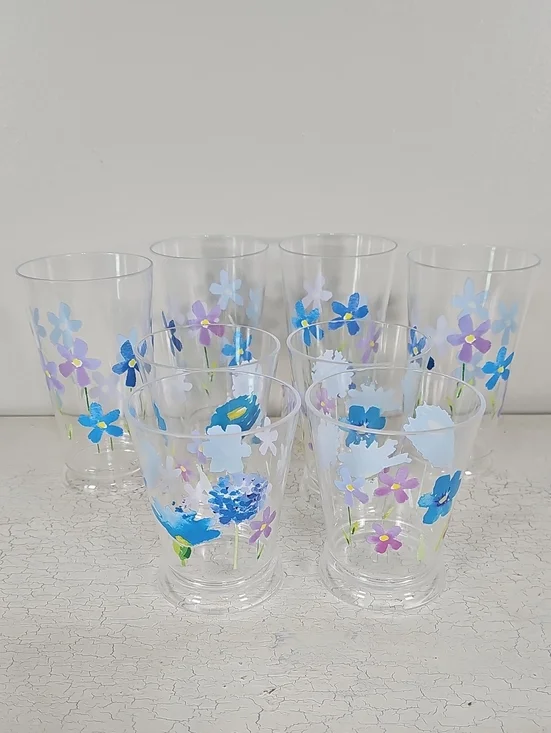 ​Set of 8 Floral Acrylic Glasses - 4 Tumblers & 4 Rocks Glasses - Blue & Purple