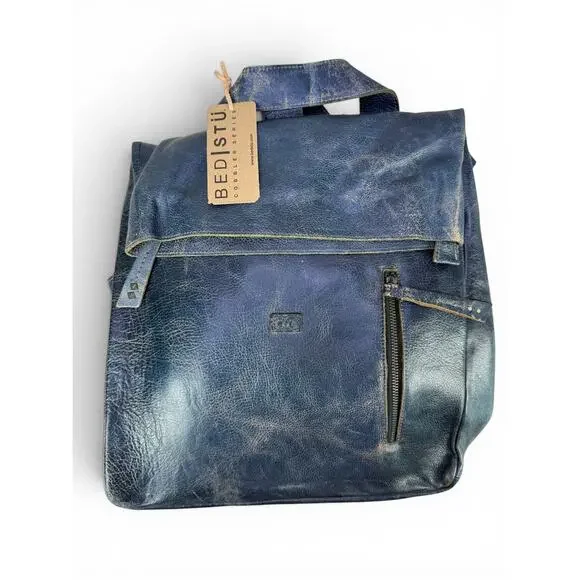 Bed‎ Stu Howie Leather Backpack Cobalt Lux Laptop Travel Bag Handmade Distressed