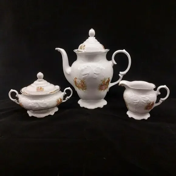 Vtg Walbrzych Poland Porcelain Tea Set Teapot Creamer Sugar Bowl Gold Rose 1983