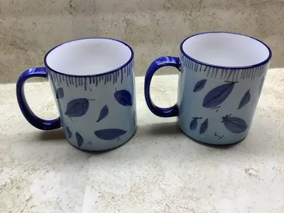 Blue and White Pottery Mug/ Hand Painted Set of 2 - Blue Floral & Leaves Mugs