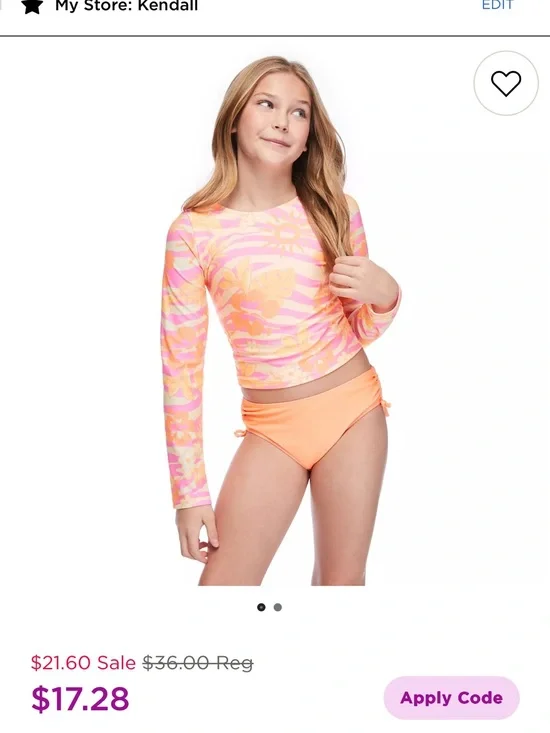 NWT Girls' Neon Peach Floral Long-Sleeve Rash Guard Set