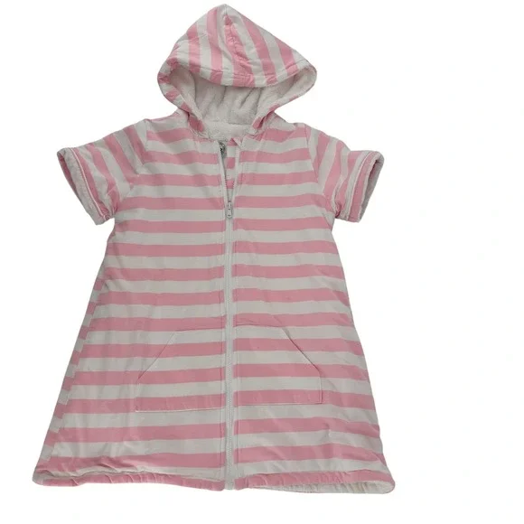 Southern Smocks Classic Kids Size 5 Pink White Stripe Terry Hooded Robe Cover Up