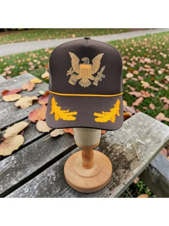 NRA Logo Trucker Hat With Gold Eagle Rope Trim & Embroidered 