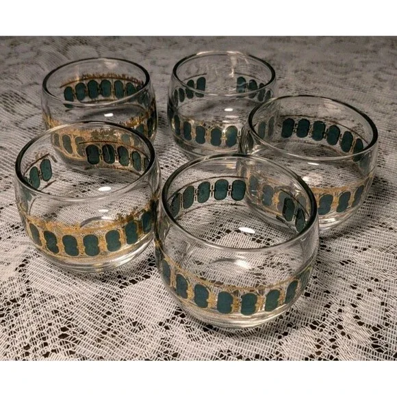 Culver Emerald Scroll Roly Poly Lowball Glasses Coronet MCM 60s Cocktail Set 5pc