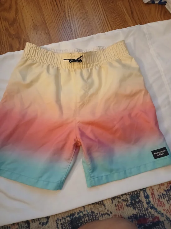 Abercrombie Kids Swim Trunks Boys 11/12 Ombre Sunset Yellow Teal Board Shorts