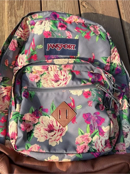 JanSport City View Floral Backpack Gray Pink Roses Faux Leather Bottom Bag