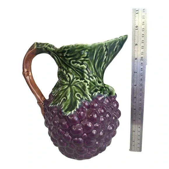 Vintage Olfaire Portugal Majolica Purple Grape Cluster Ceramic Pitcher Jug 9.5