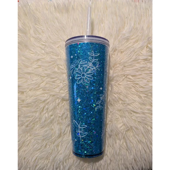 Blue Glitter Floral Tumbler One Size
