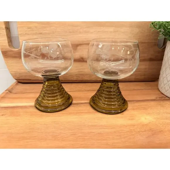 Vintage‎ German Roemer Small Crystal Glasses Amber Color - Etched Grape Design