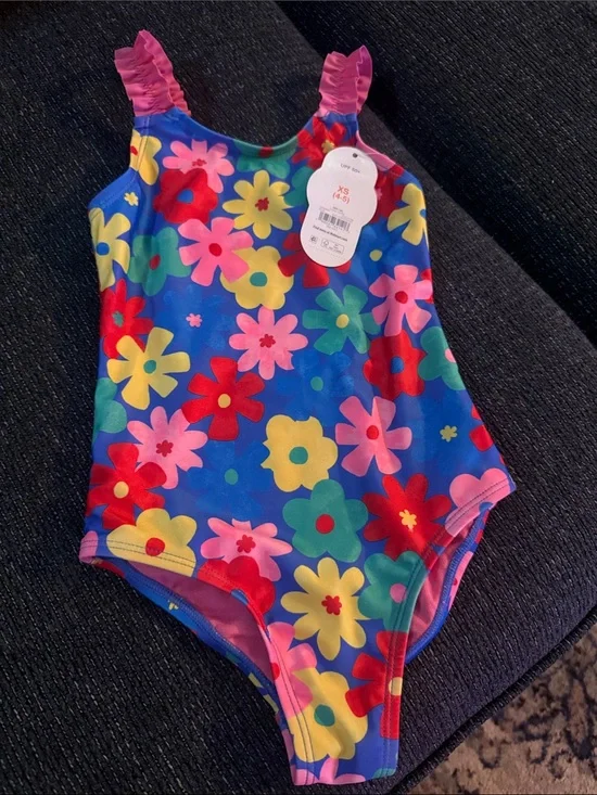 wonder nation Bright Blue Floral One-Piece Swimsuit with Pink Ruffle Straps