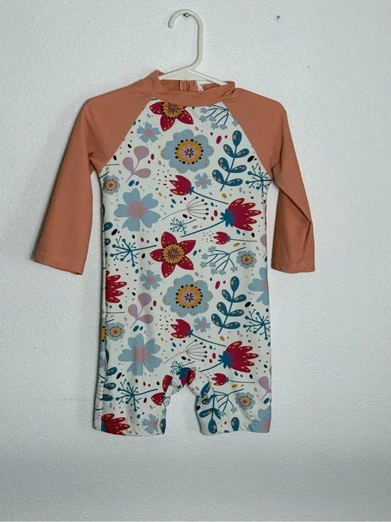 Up and Fast Floral Long Sleeve Rash Guard Swimsuit - Peach Sleeves 18-24M vgc