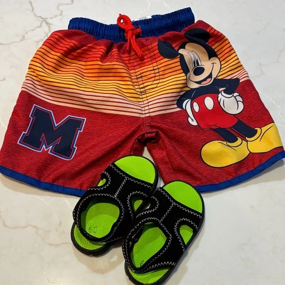Disney Mickey Mouse Swim Trunks Water Shoes Set Blue Toddler Boys 2T Beach