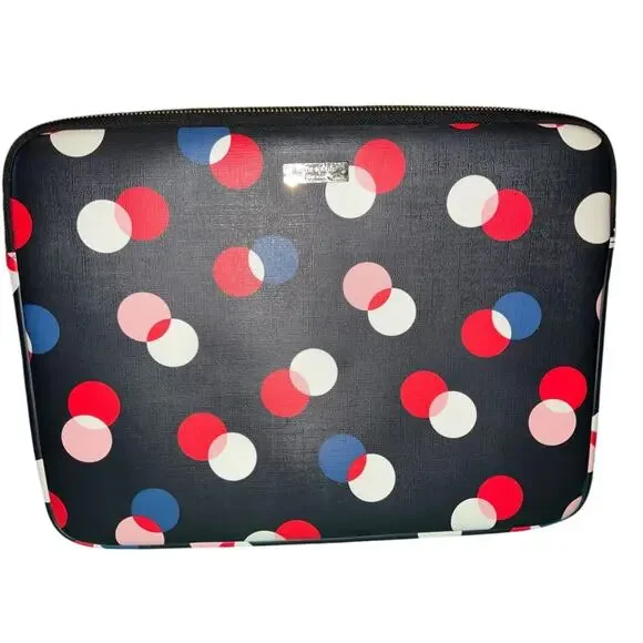 Kate Spade Navy & Multicolor Polka Dot Zippered Leather Laptop Case EUC upto 14”