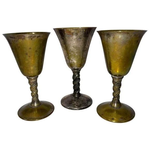 3 Vintage Brass Silver‎ Plate Goblets Made In Spain