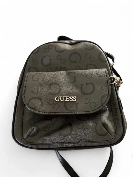 GUESS Olive Green Monogram Mini Backpack with Gold Logo