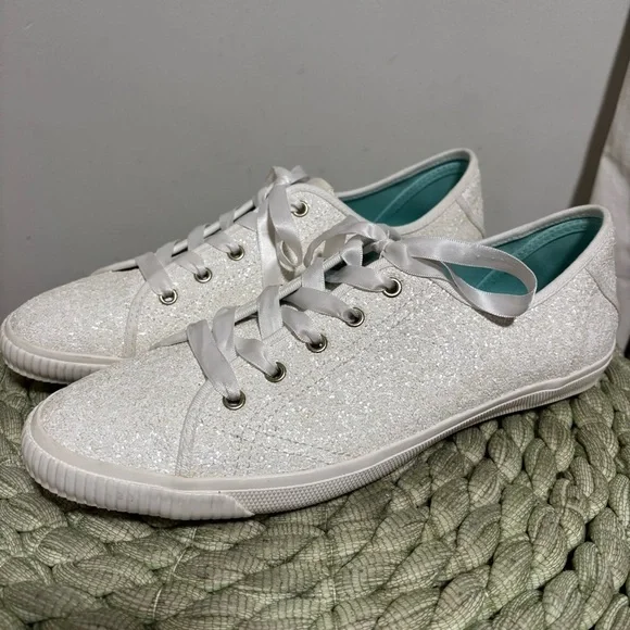 Kate Spade Trista Sneakers White Glitter Ribbon Lace Up Sneakers Size 10.5